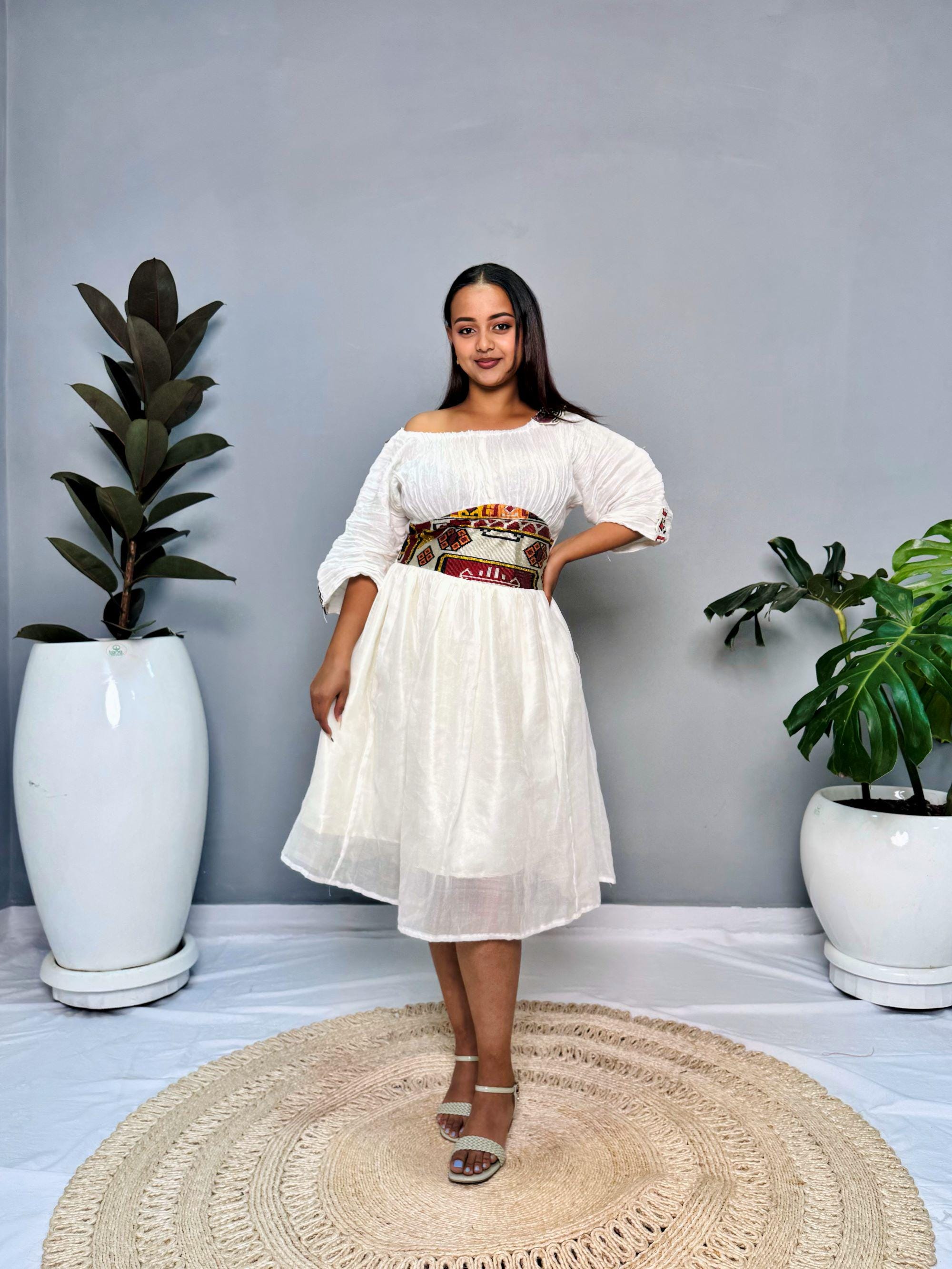 off the shoulder ethiopian dress Vibrant Off-Shoulder Habesha Kemis Elegant Ethiopian Dress with Multi-Color Embroidered Bodice L