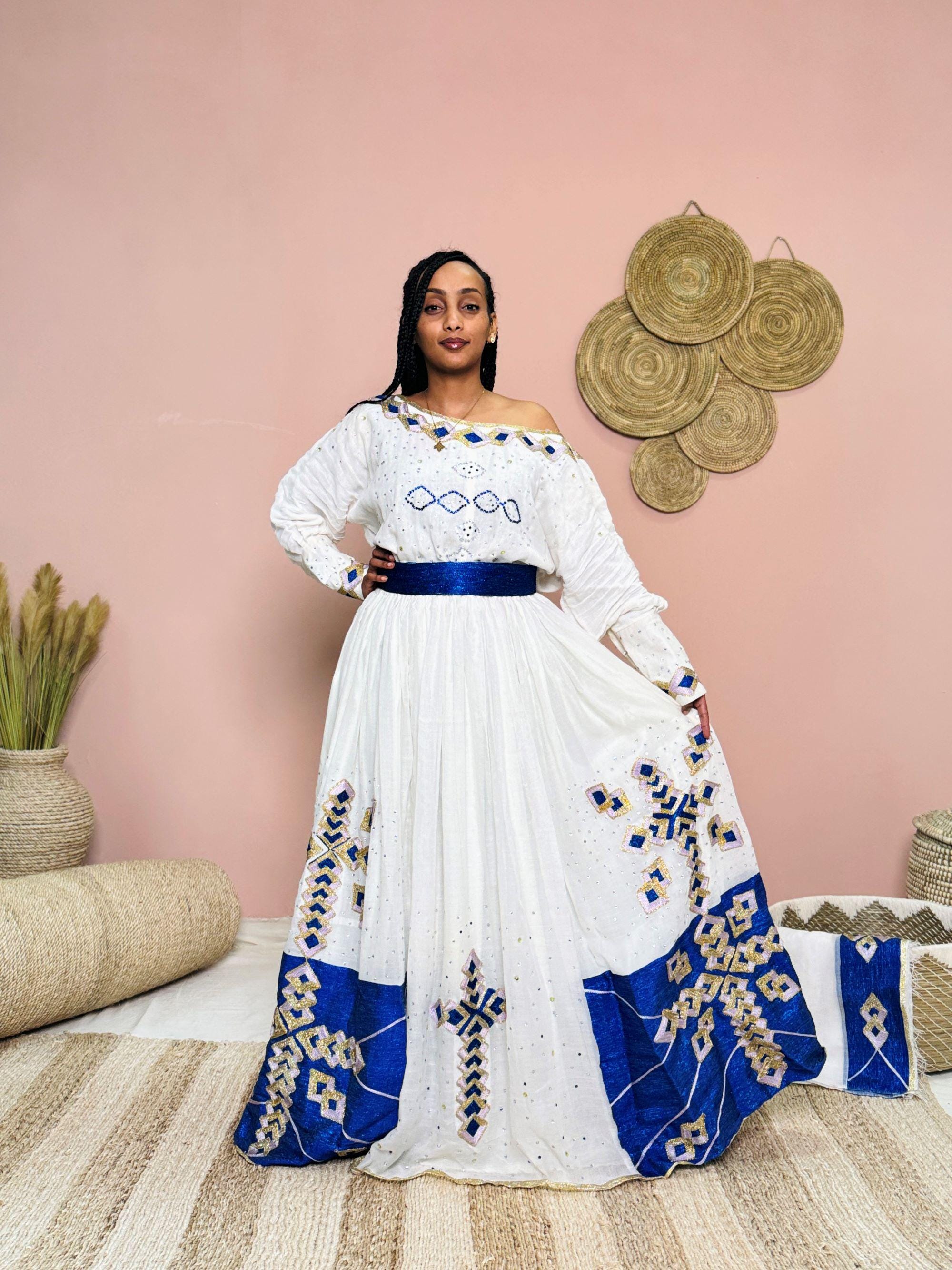 blue dress for baby girl Royal Blue Ethiopian Wedding Dress & Groom's Set – Shiny Stone Majesty –  Shiromeda Threads main image 1