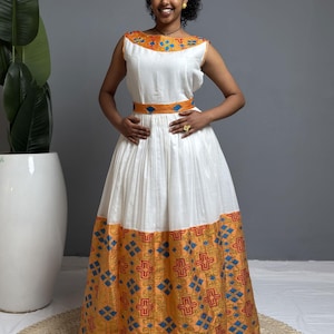 Golden Flame Sleeveless Habesha Dress | Elegant Ethiopian Kemis Hab252