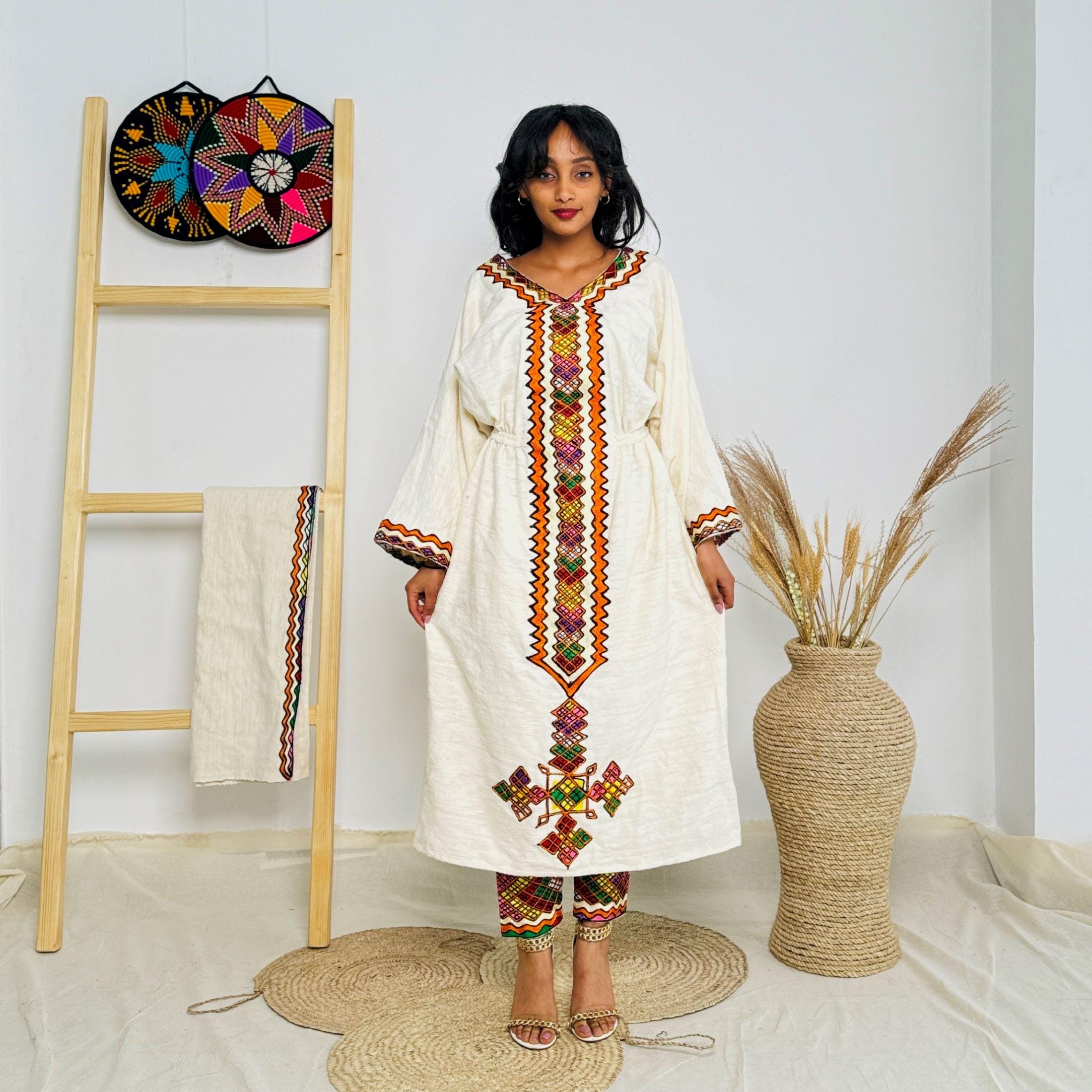 Colorful Ethiopian Cultural Dress Set | Habesha Kemis With