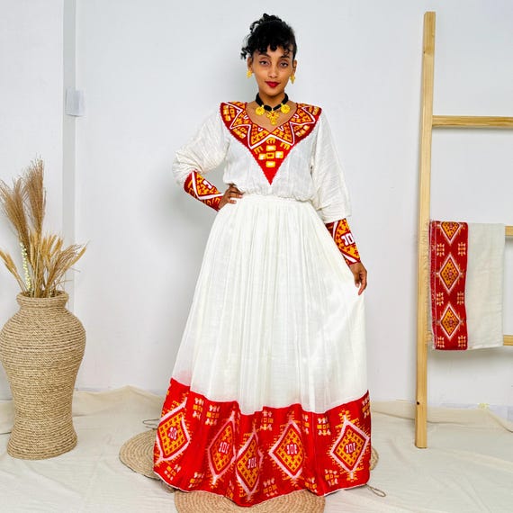 red and white traditional dress Elegant Habesha Dress with Red Tibeb  Handwoven Ethiopian Traditional Dress for Women
