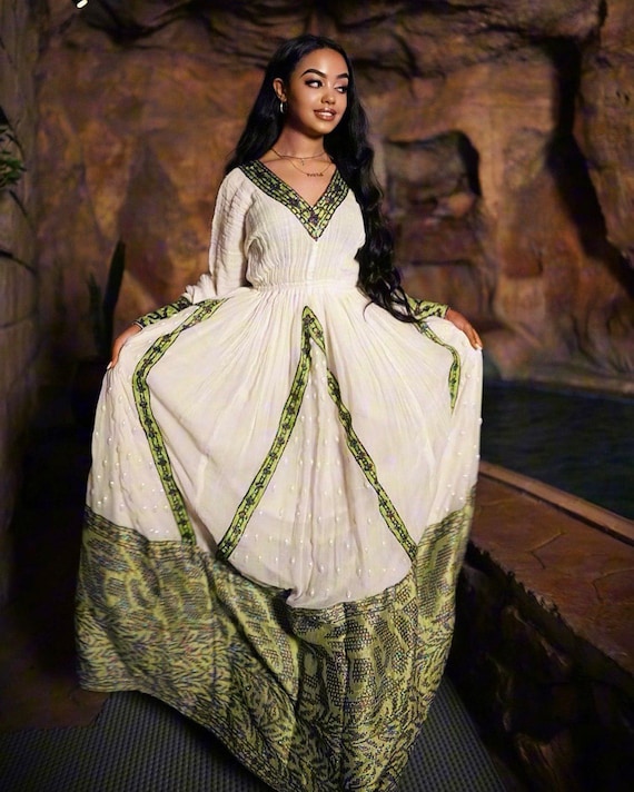 Konjit Elegant Ethiopian Traditional Dress | Habesha Dress for Special Celebrations | Green and Gold Pattern Habesha KemiS