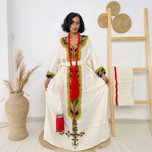 Ivory & Rainbow Handwoven Habesha Kemis | Traditional Ethiopian Dress with Red Shash | Long Sleeve Belted Kemis Hab222