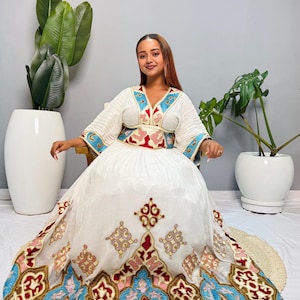 Ethiopian Habesha Kemis Dress | Handwoven Cotton Gown | Traditional Eritrean Wedding Dress | Embroidered Cultural Attire | Handmade Hab186
