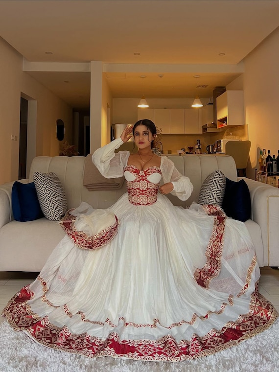 Ariam Royal Traditional Ethiopian Wedding Dress | Red and Gold Woven Pattern Habesha KemiS | Vibrant Habesha Dress for Wedding
