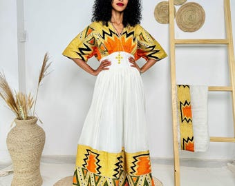 Vibrant Ethiopian Handwoven Dress | Bold Yellow, Orange & Black Tibeb | Modern Cultural Statement Hab176