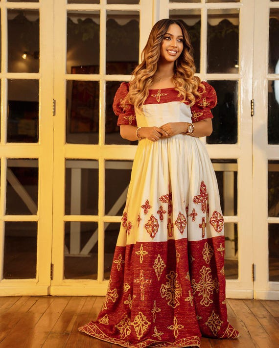 red habesha dress Masti Royal Habesha Kemis | Gold Ethiopian Cross Embroidery Habesha Dress | Traditional  Ethiopian Dress for Special Events