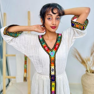 Traditional Ethiopian Habesha Dress | Handwoven Cotton | V-Neck with Bold Tibeb | Flowy Fit Hab237