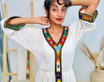 Traditional Ethiopian Habesha Dress | Handwoven Cotton | V-Neck with Bold Tibeb | Flowy Fit Hab237