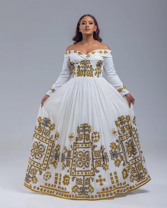 Enku Off-shoulder Ethiopian Habesha Kemis | Gold & Silver Embroidery Habesha Dress | Royal Style Ethiopian Wedding Dress