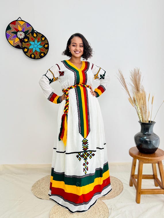 Ethiopian Flag-Inspired Habesha Dress with Bold Green, Yellow, and Red Accents Stylish Ethiopian Dress for Cultural Pride Hab05