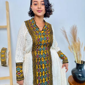 Habesha Kemis Inspired Embroidered Dress with Intricate Gold Design main image 1