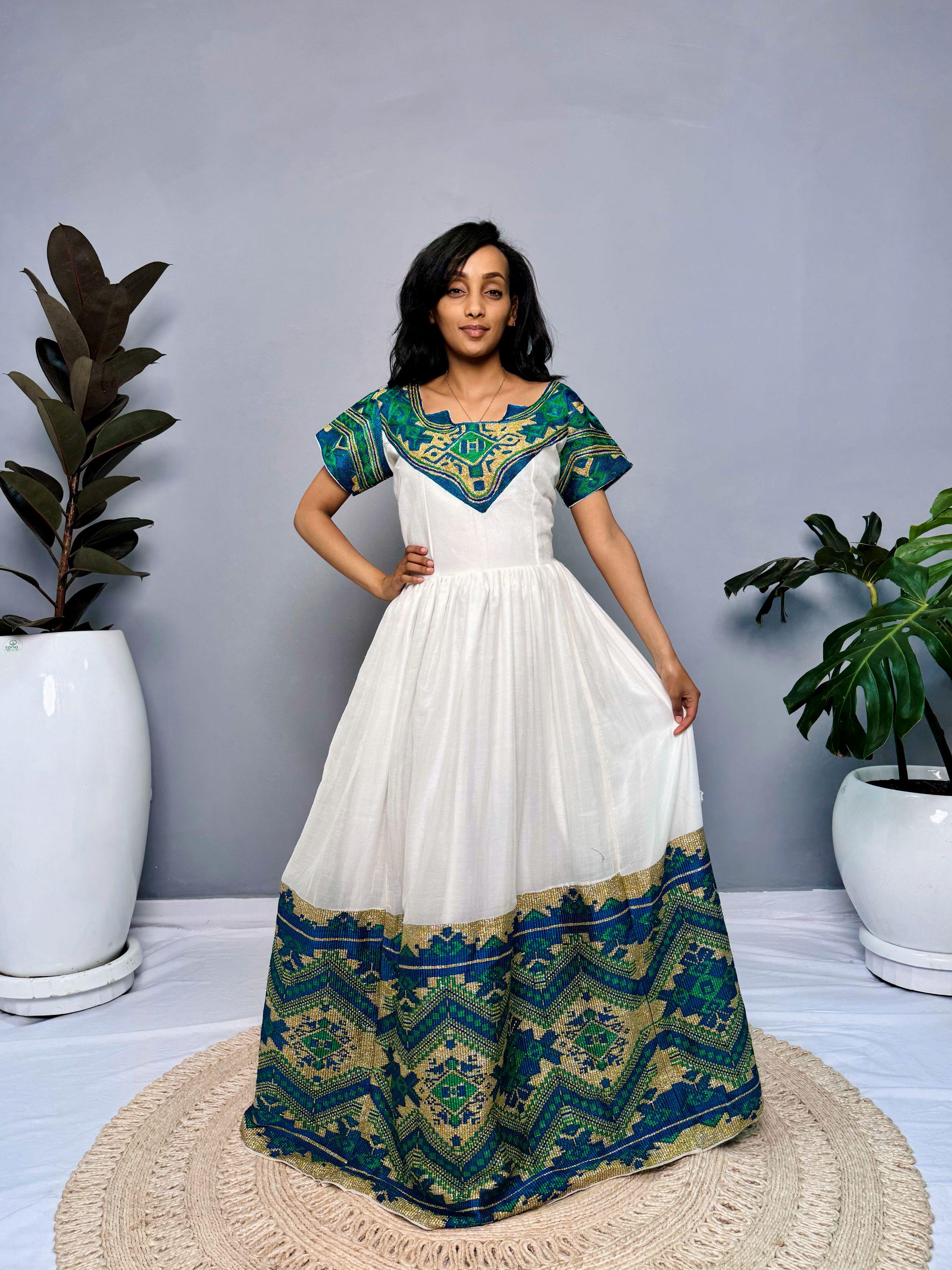 Embroidered Sleeved Knee-Length Dress with Ethiopian Flair