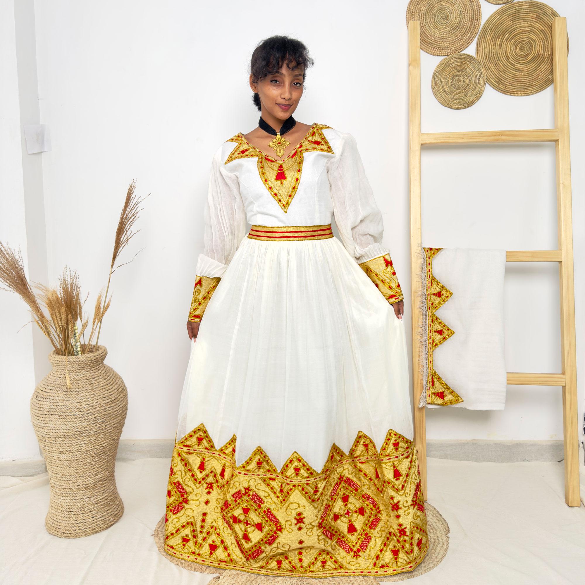 Ethiopia Traditional Dress – New design Brown Habesha Dress with Modern Hand Embroidery