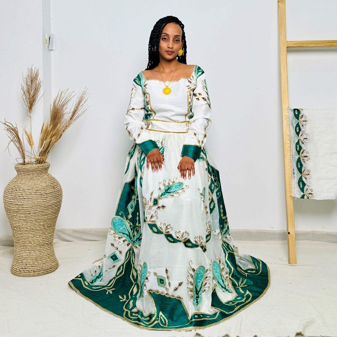 Traditional Ethiopian Habesha Dress | Handwoven White Cotton | Green & Gold Embroidered Cultural Gown | Elegant Handmade Clothing Hab208