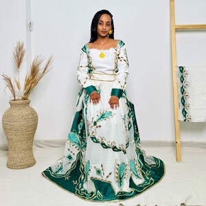 Traditional Ethiopian Habesha Dress | Handwoven White Cotton | Green & Gold Embroidered Cultural Gown | Elegant Handmade Clothing Hab208