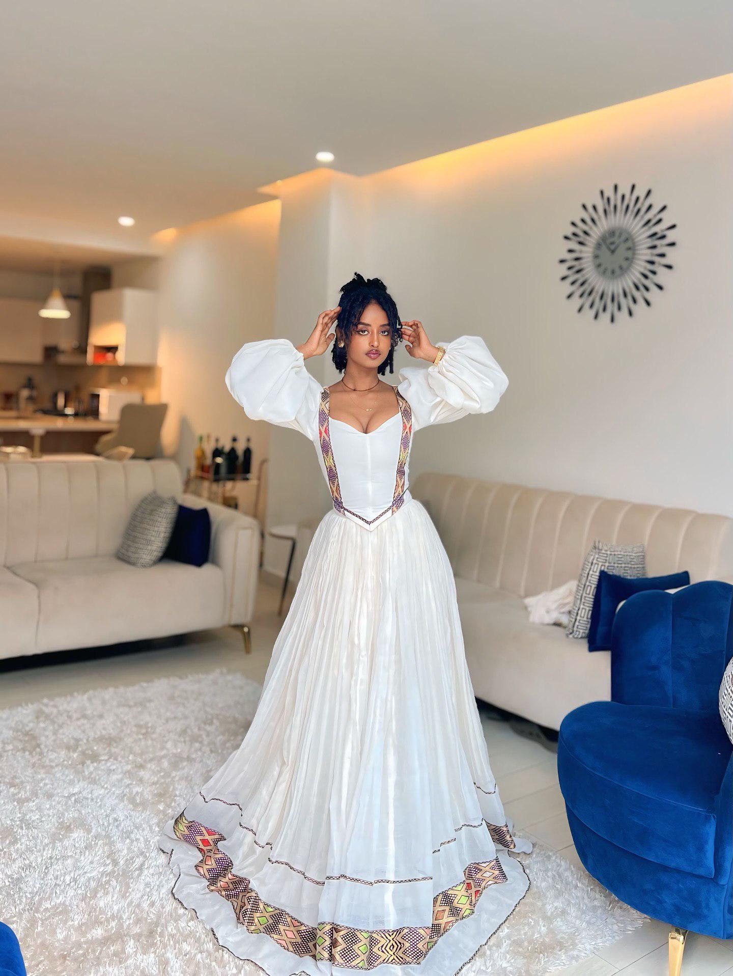 Adanech Ethiopian Traditional Dress | Colorful Woven Borders Habesha ...