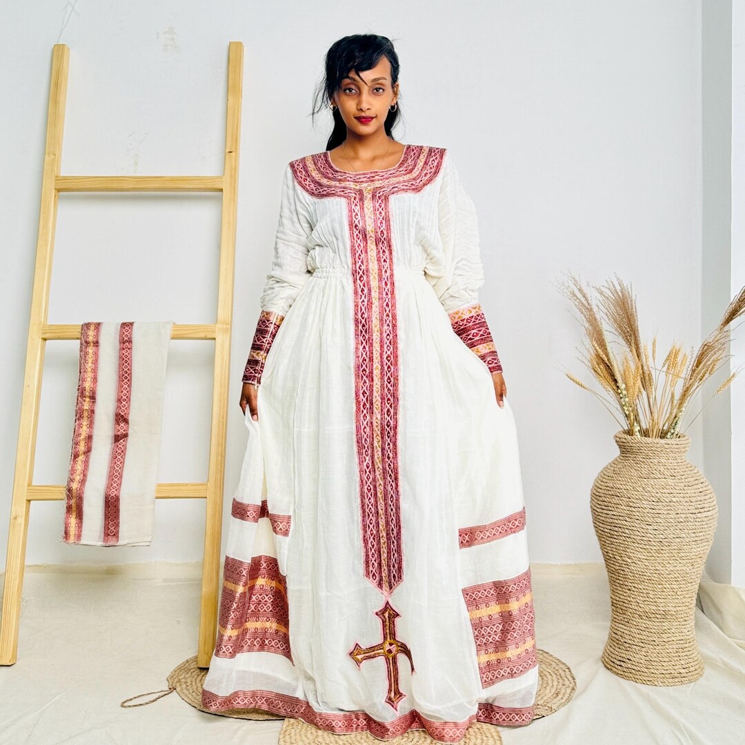 Stylish Modern Habesha Dress - Ethiopian Traditional Attire with Pink Embroidery