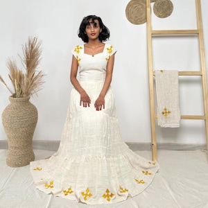 Golden Cross Tiered Habesha Dress | Elegant Ethiopian Kemis Hab246