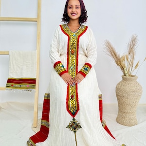 Vibrant Red Cultural Dress Traditional Habesha Dress Hab36