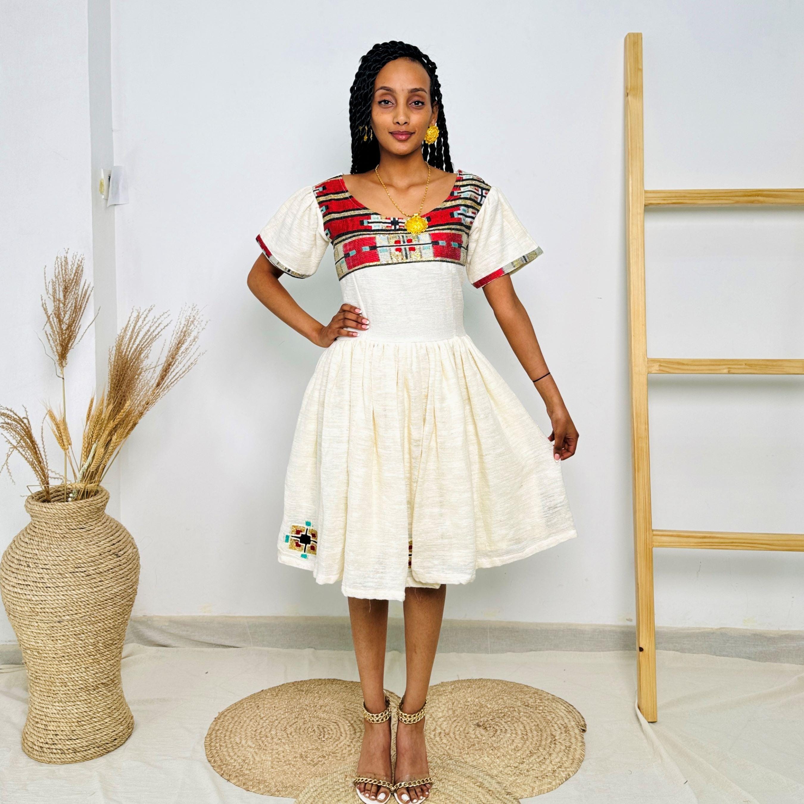 Short White Ethiopian Dress | Red Tibeb Border | Handwoven