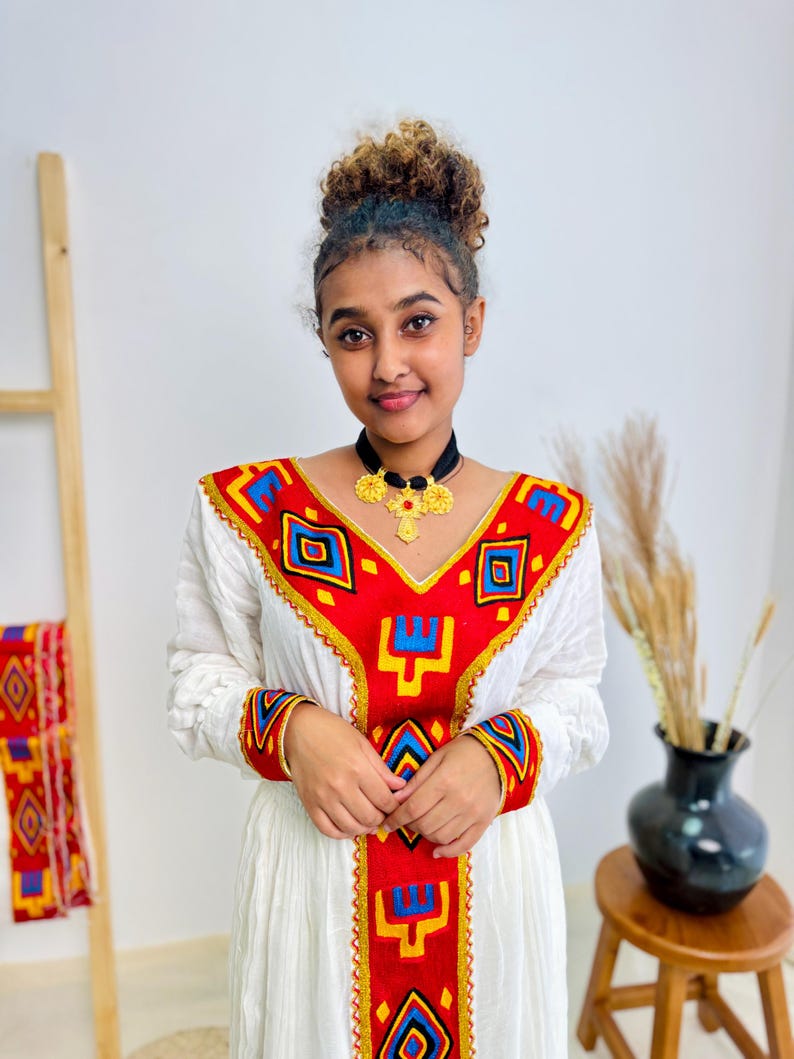 Striking Habesha Dress -prominent red bodice and red border Cultural Attire main image 1
