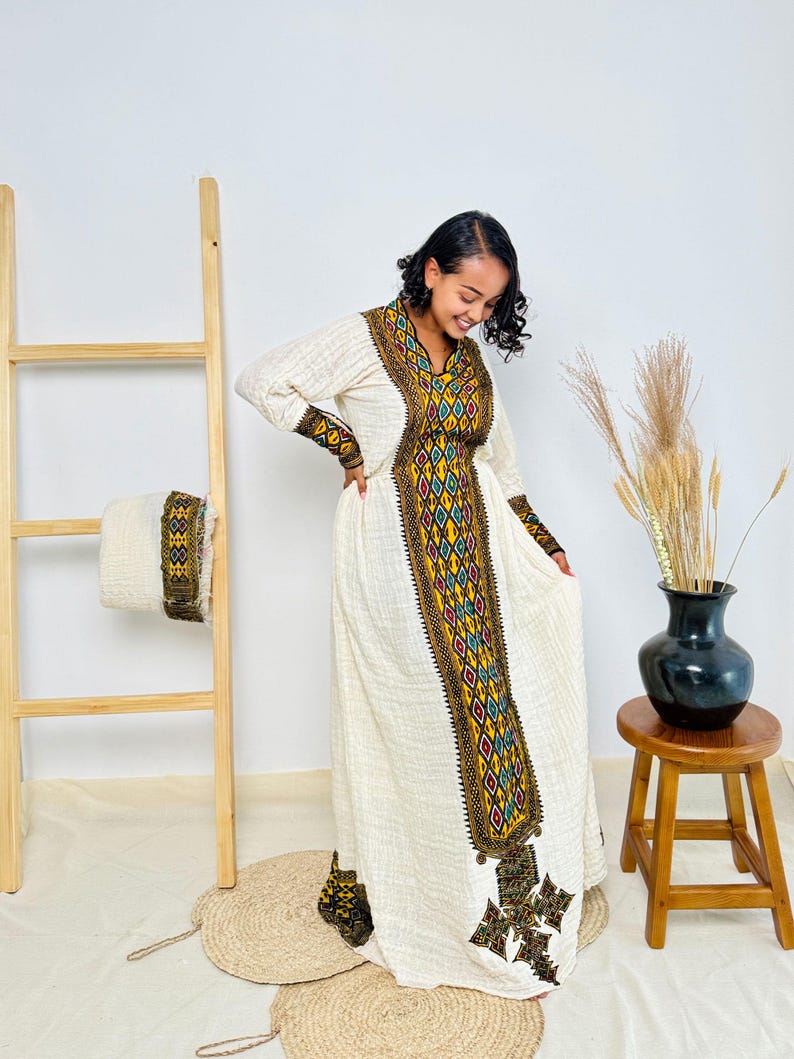 Gold Ethiopian Full Sleeve Dress – Modest Habesha Outfit for Weddings, Cultural Events, and Special Occasions