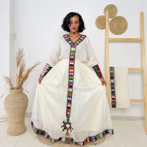 Colorful Tibeb Ethiopian Dress | Handwoven Cotton Flowy Gown | Traditional Handmade Cultural Wear | Multicolor Embroidery | Hab199