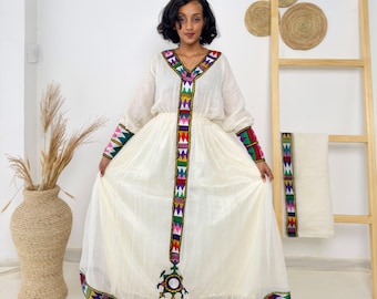 Colorful Tibeb Ethiopian Dress | Handwoven Cotton Flowy Gown | Traditional Handmade Cultural Wear | Multicolor Embroidery | Hab199