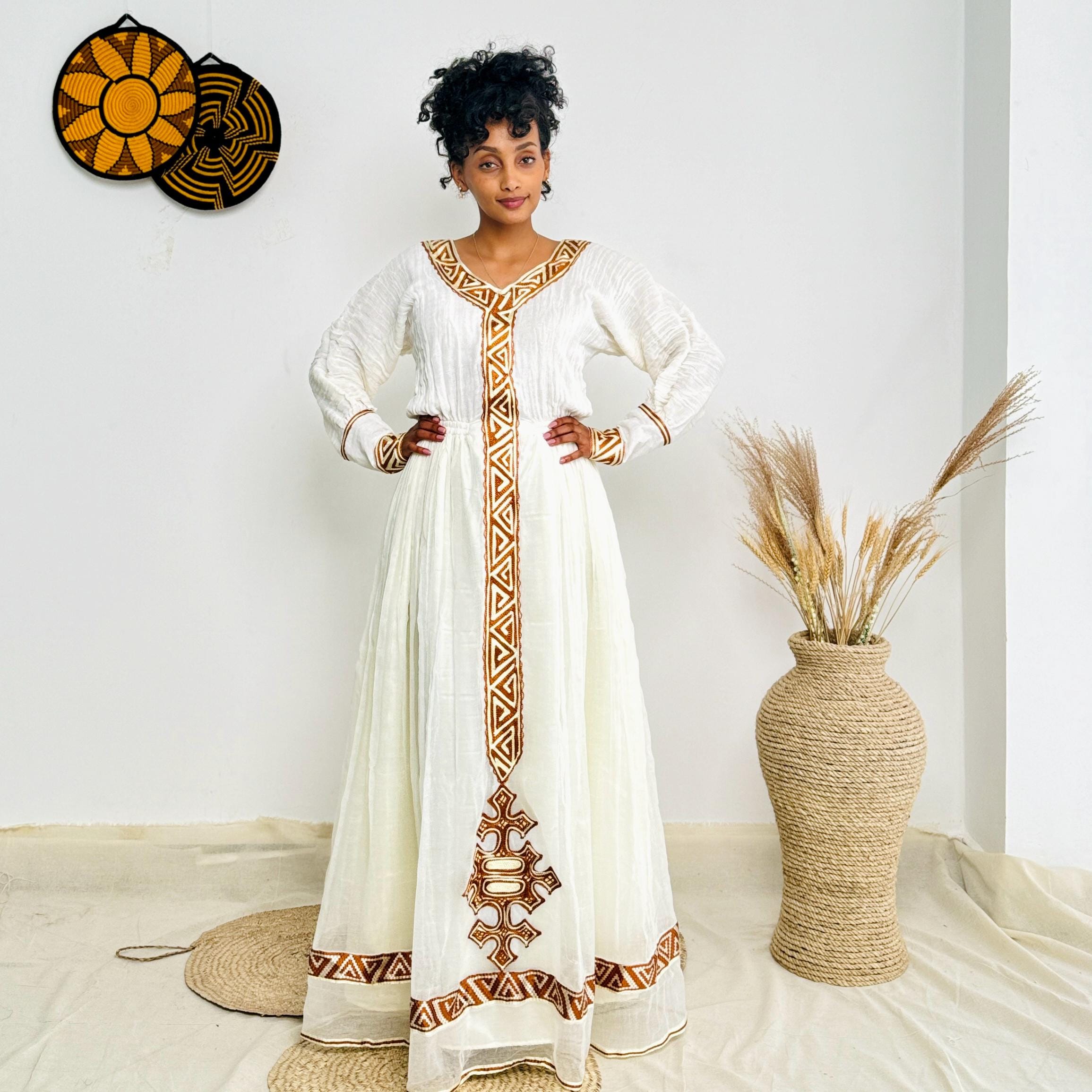 Gold & White Habesha Kemis – Handwoven Ethiopian Graduation Dress