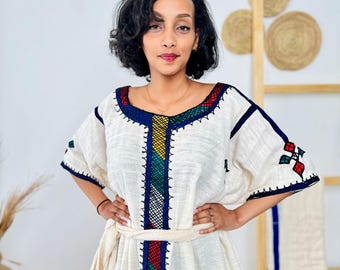 Traditional Ethiopian Habesha Dress | Handwoven Cotton | Blue & Multicolor Embroidery | Relaxed Fit Gown | Handmade Cultural Attire | Hab197