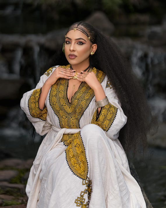 black and gold ethiopian dress Yetnayet Yellow & Tibeb Embroidery | Handwoven Habesha Kemis Style:SLLD9328