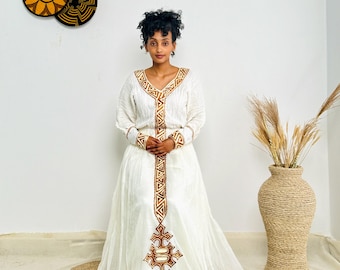 Ethiopian Dress| Simple Gold Habesha Kemis | Traditional Ethiopian Dress | 100% Handcrafted Habesha Dress Hab90