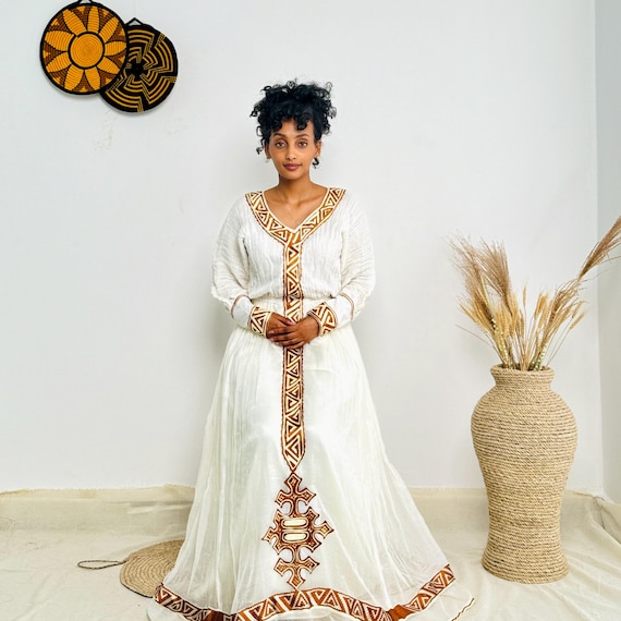 slim fit dress slacks Elegant Habesha Traditional Dress Ethiopian Dress with Wedding-Style Embroidery M main image 0