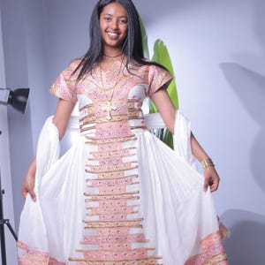 Blush Harmony Short-Sleeve Habesha Dress | Elegant Ethiopian Kemis Hab248