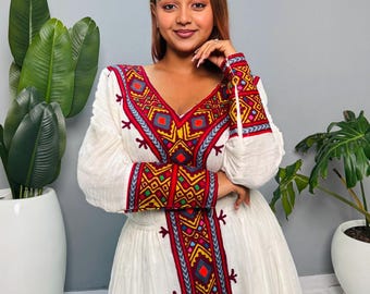 Écusson de la reine | Robe éthiopienne de luxe | Habesha Kemis | Robe en coton tissée à la main | Robe de mariée traditionnelle éthiopienne | Fait main Hab156
