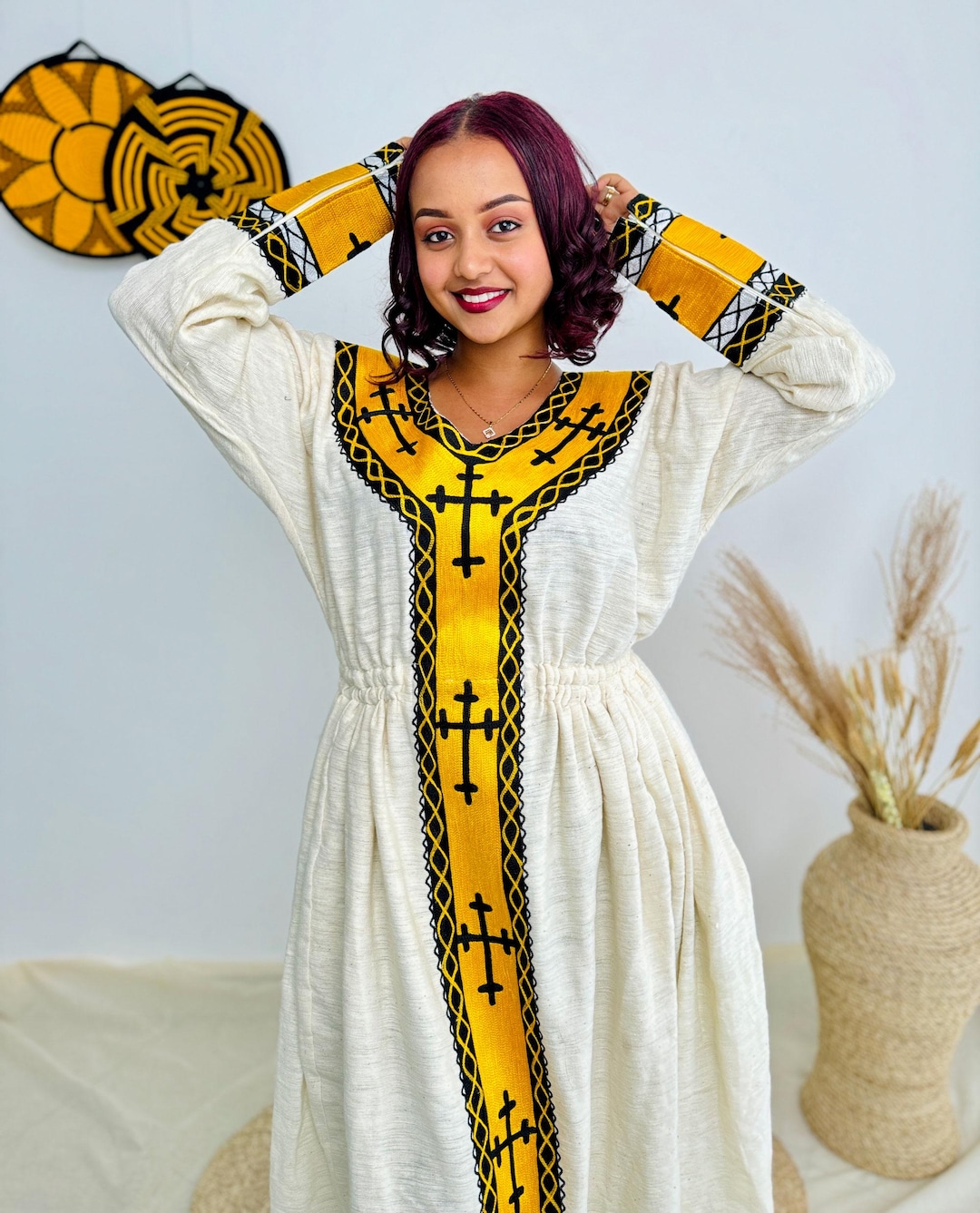 yellow Habesha Dress for Women – Sleeveless Ethiopian Dress with Gold Hem