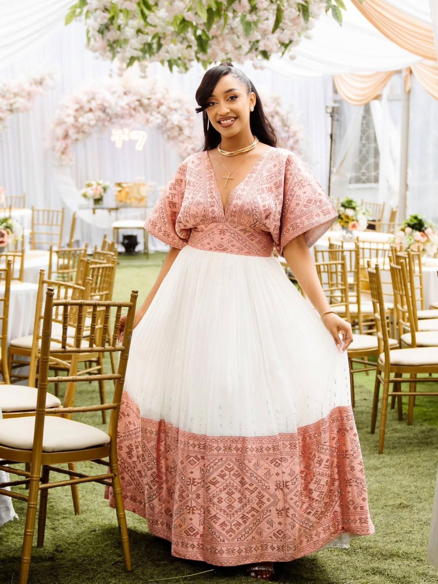 pink habesha dress Atitegeb Pink Embroidery Habesha Dress | Traditional Ethiopian Habesha Kemis