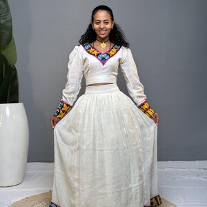 Multicolor Embroidered Long-Sleeve Habesha Dress | Elegant Ethiopian Kemis Hab254