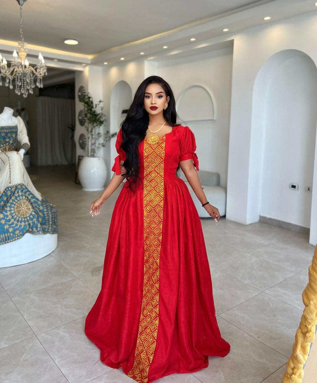 red ethiopian dress Majestic Modern Red Traditional Ethiopian Dress: Daring High Slit Habesha Dress Contemporary Habesha Kemis XS