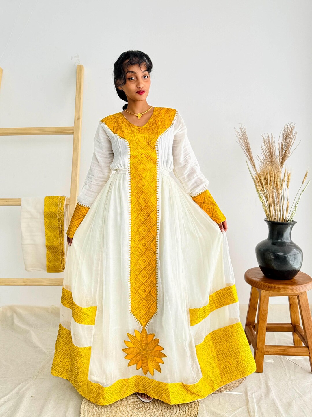 Emerald & Gold Ethiopian Dress – Heavy Embroidery for Premium Occasions