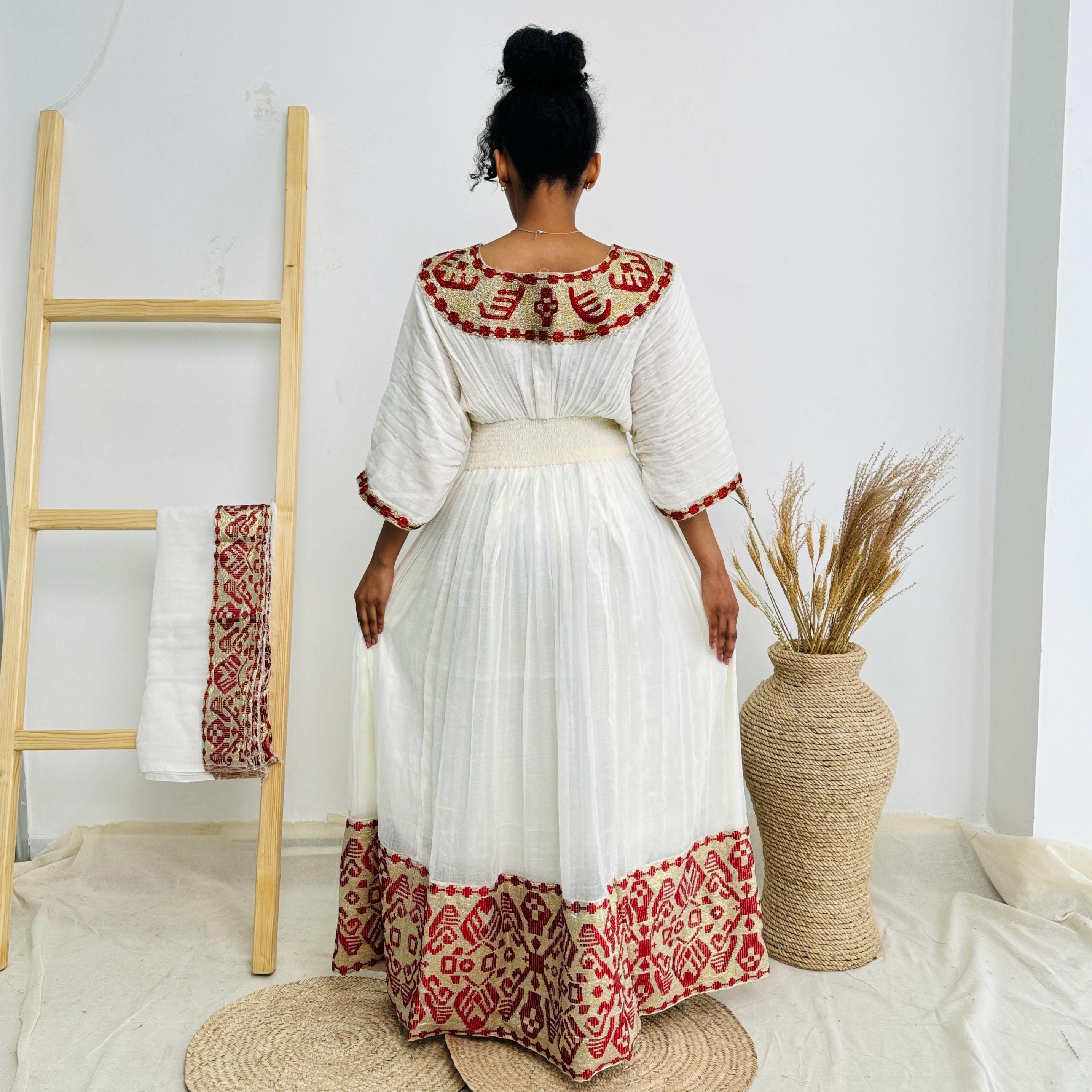 Elegant Habesha Dress with red embroidery – Handwoven Ethiopian Dress for Women with Golden Tibeb main image 1
