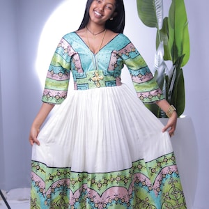 Pastel Cross Accent V-Neck Habesha Dress | Elegant Ethiopian Kemis Hab244