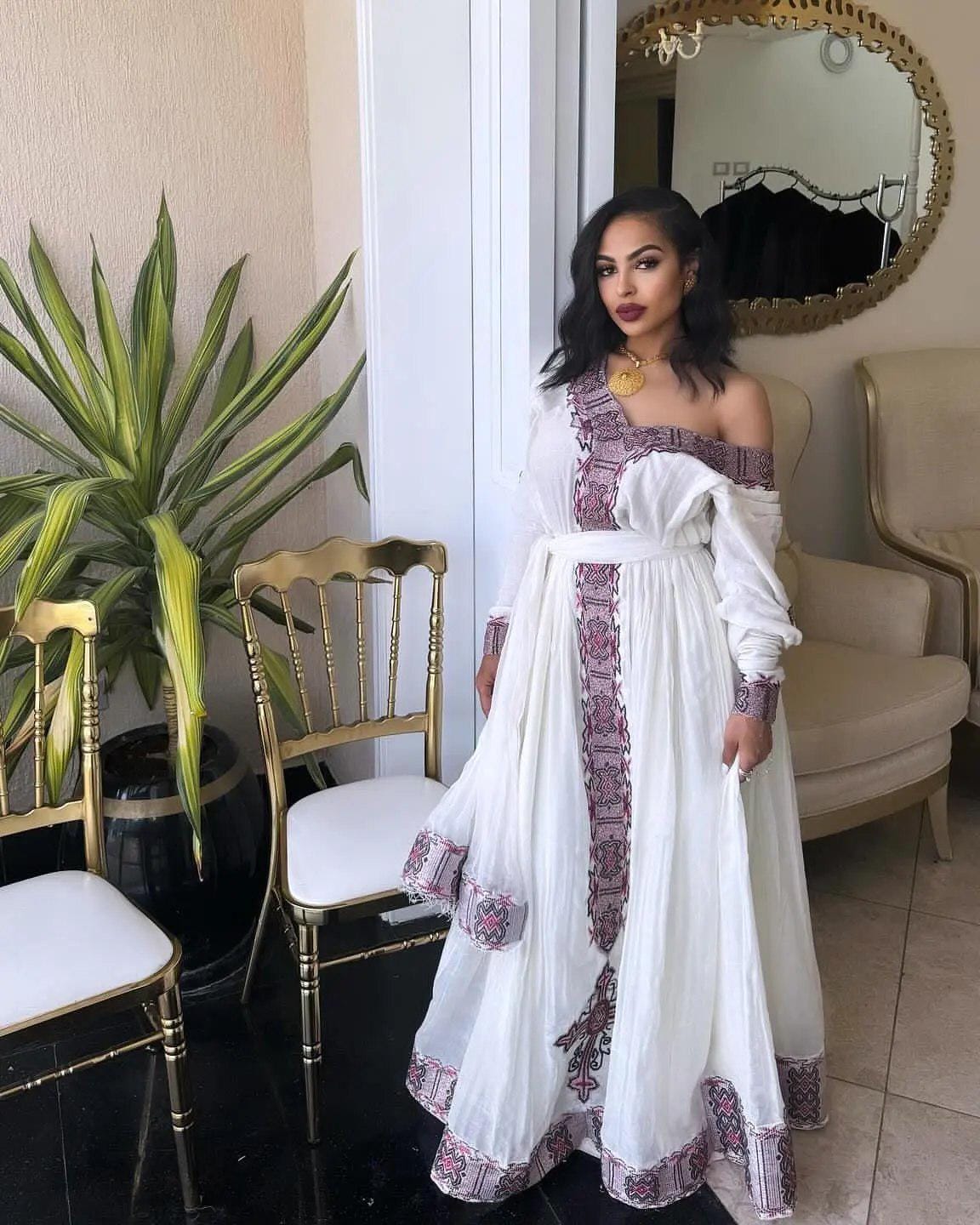 off shoulder habesha dress Off Shoulder Habesha Dress with Cross Embroidery Ethiopian Cloth TheEthiopianStore
