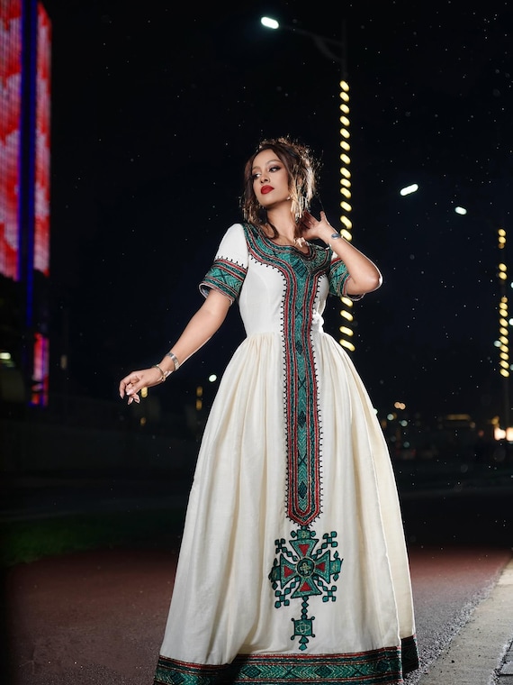 Jiji Green and Red Pattern Habesha Kemis Ethiopian Traditional