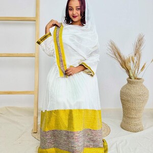 Simple Gold Accent V-Neck Habesha Dress | Minimalist Ethiopian Kemis Hab229