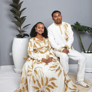 Couples&#39; Habesha Wedding Outfits | Gold Feather Design | Habesha Wedding Dress | Handwoven Ethiopian Dress Hab80