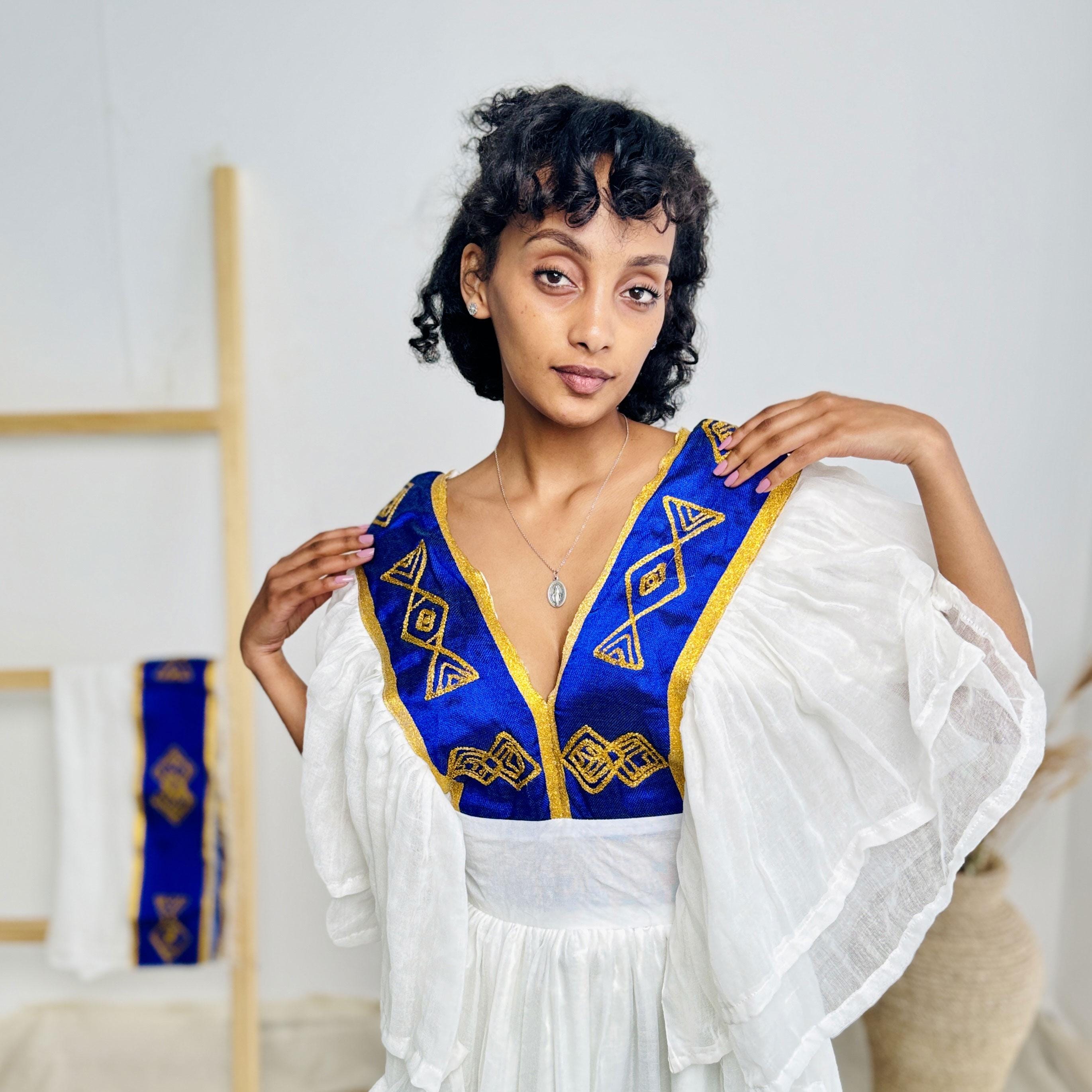 short modern habesha dress Short Modern Ethiopian Dress Habesha Dress with Beaded Details XL