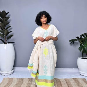 Coffee Dress | Elegant Half-Sleeve Design | Cultural Celebrations & Special Occasions | Lemon Green Details| Ethiopian Dress Hab125
