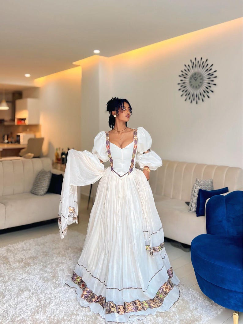 Adanech Ethiopian Traditional Dress | Colorful Woven Borders Habesha ...